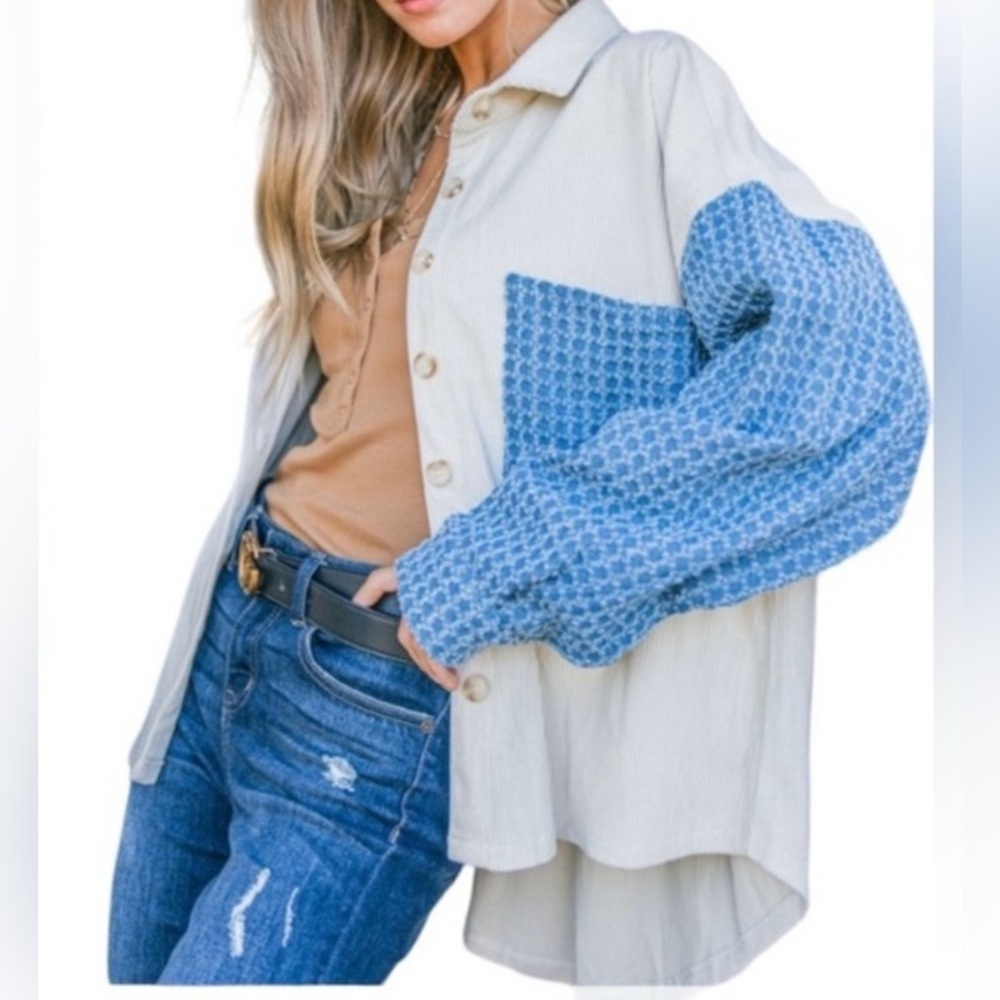 NWT Andthewhy denim Blue/Cream cordoroy colorblock Button-Down Shirt